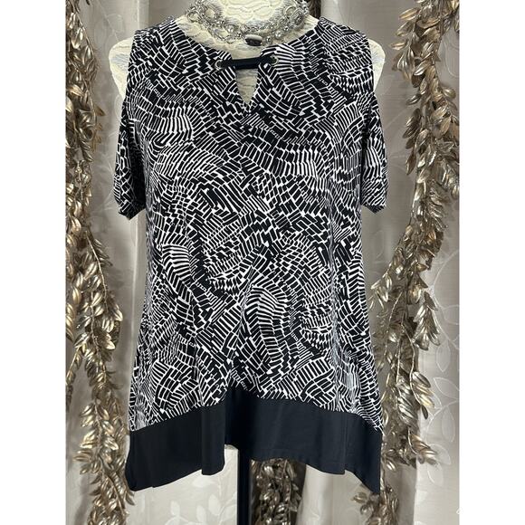 Rafaella Cold Shoulder Top Small Black White Print Keyhole Blouse S - Picture 4 of 10